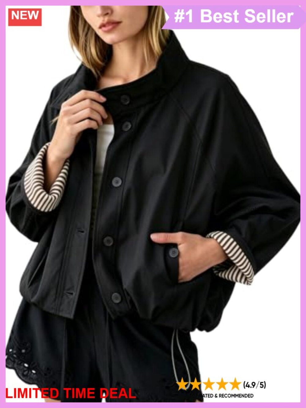 Cropped Trench Coat Stripe Lining Button Down Fall Jacket